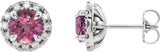Platinum Round Natural Pink Tourmaline French-Set Halo-Style Earrings