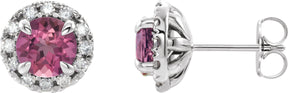 Platinum Round Natural Pink Tourmaline French-Set Halo-Style Earrings