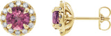 14K Gold Round Natural Pink Tourmaline French-Set Halo-Style Earrings - Yellow Gold