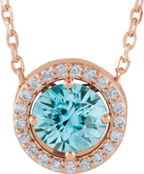 14K Gold Round Natural Blue Zircon Halo-Style Necklace or Pendant - Rose Gold
