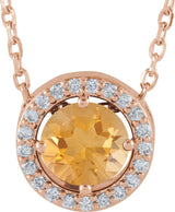14K Gold Round Natural Citrine Halo-Style Necklace or Pendant - Rose Gold
