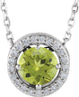 Platinum Round Natural Peridot Halo-Style Necklace or Pendant