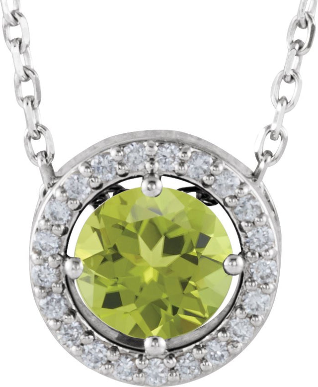 14K Gold Round Natural Peridot Halo-Style Necklace or Pendant - White Gold