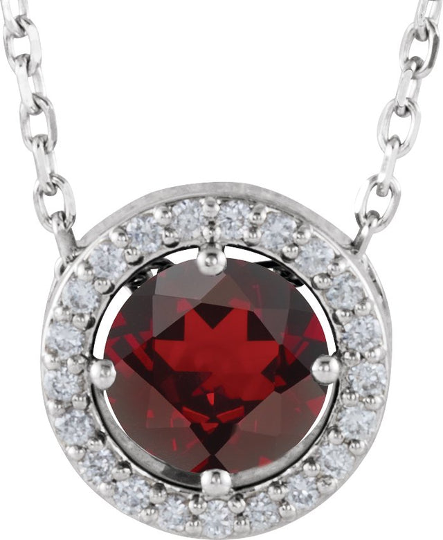 14K Gold Round Natural Mozambique Garnet Halo-Style Necklace or Pendant - White Gold
