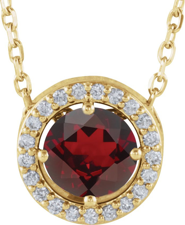 14K Gold Round Natural Mozambique Garnet Halo-Style Necklace or Pendant - Yellow Gold