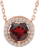 14K Gold Round Natural Mozambique Garnet Halo-Style Necklace or Pendant - Rose Gold