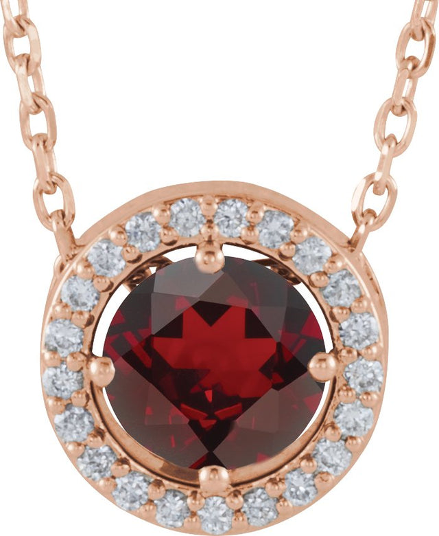 14K Gold Round Natural Mozambique Garnet Halo-Style Necklace or Pendant - Rose Gold