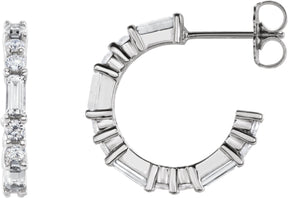 14K Gold Straight Baguette Natural Diamond Accented Hoop Earrings - White Gold