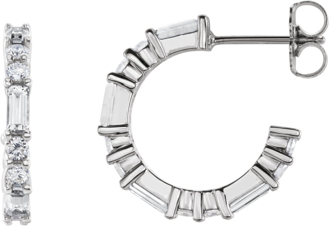 14K Gold Straight Baguette Natural Diamond Accented Hoop Earrings - White Gold