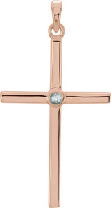 14K Gold Round Natural Aquamarine Cross Pendant - Rose Gold