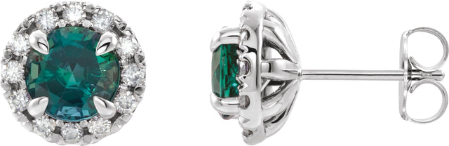 14K Gold Round Lab-Grown Emerald French-Set Halo-Style Earrings - White Gold