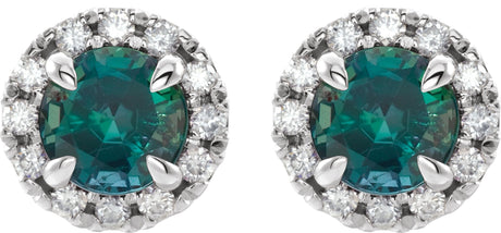 Platinum Round Lab-Grown Emerald French-Set Halo-Style Earrings - view 2