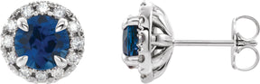 Platinum Round Lab-Grown Blue Sapphire French-Set Halo-Style Earrings
