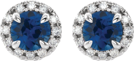 Platinum Round Lab-Grown Blue Sapphire French-Set Halo-Style Earrings - view 2