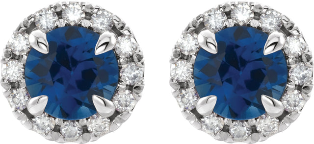 14K Gold Round Natural Blue Sapphire French-Set Halo-Style Earrings - White Gold - view 2