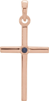 14K Gold Round Natural Blue Sapphire Cross Pendant - Rose Gold