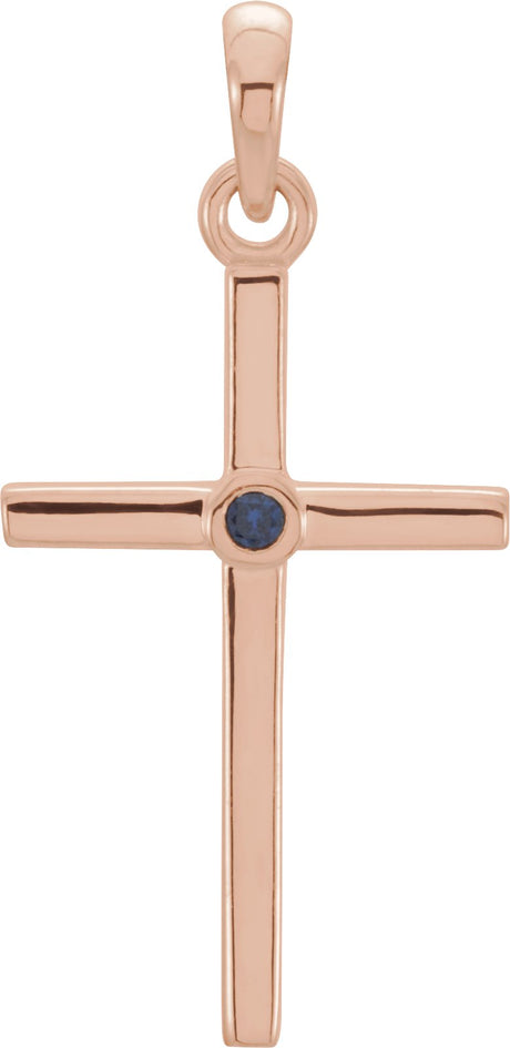 14K Gold Round Natural Blue Sapphire Cross Pendant - Rose Gold