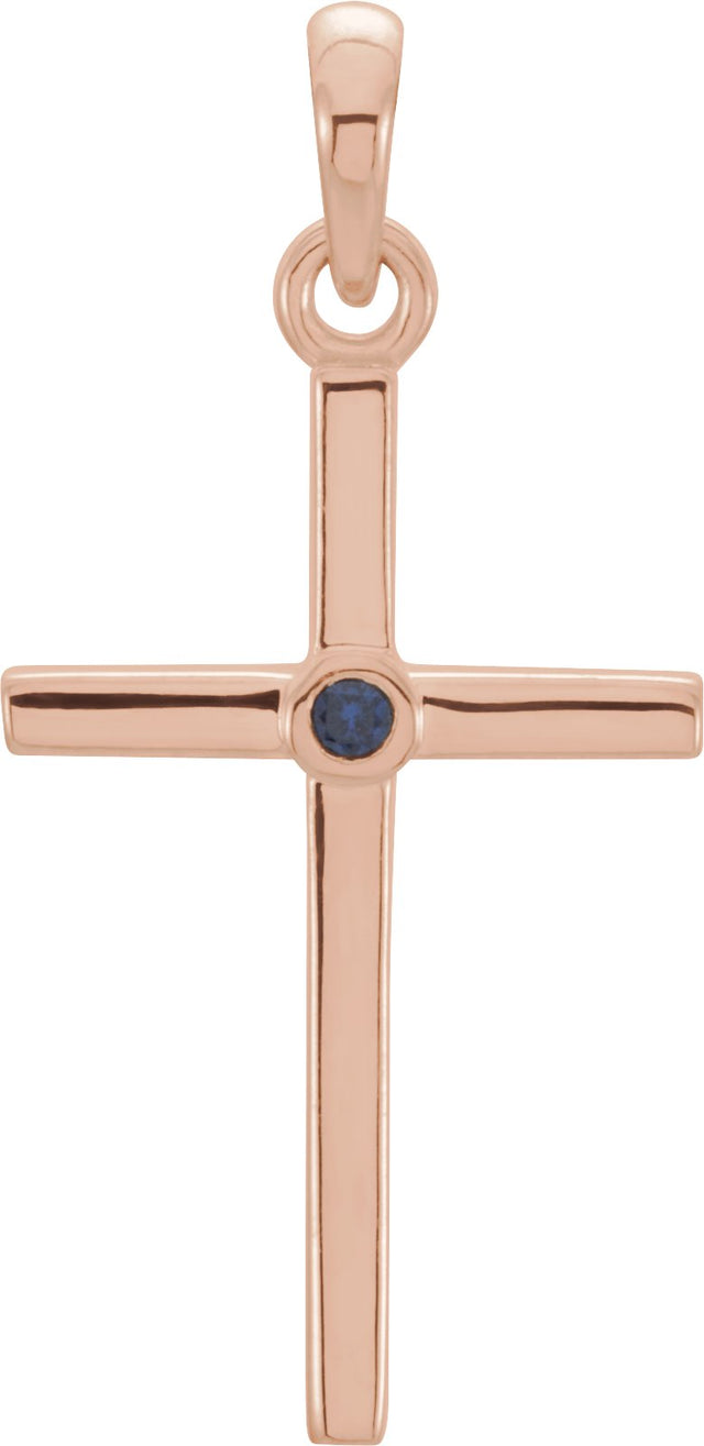 14K Gold Round Natural Blue Sapphire Cross Pendant - Rose Gold