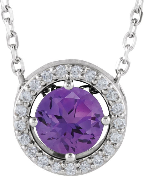Platinum Round Natural Amethyst Halo-Style Necklace or Pendant