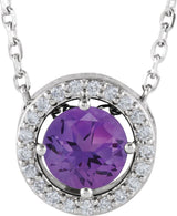 14K Gold Round Natural Amethyst Halo-Style Necklace or Pendant - White Gold