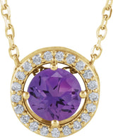 14K Gold Round Natural Amethyst Halo-Style Necklace or Pendant - Yellow Gold