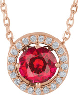 14K Gold Round Lab-Grown Ruby Halo-Style Necklace or Pendant - Rose Gold