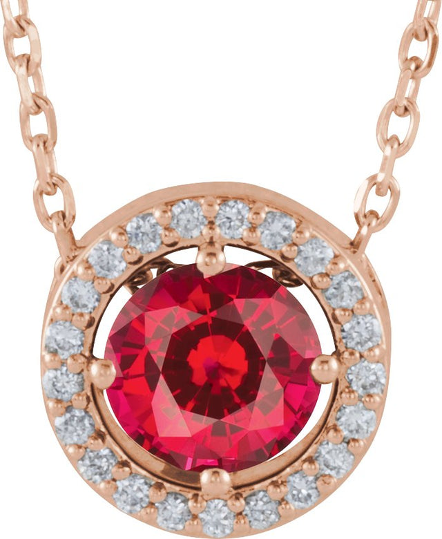 14K Gold Round Lab-Grown Ruby Halo-Style Necklace or Pendant - Rose Gold