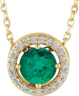 14K Gold Round Lab-Grown Emerald Halo-Style Necklace or Pendant - Yellow Gold
