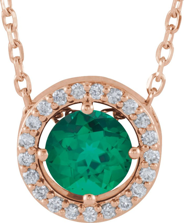 14K Gold Round Lab-Grown Emerald Halo-Style Necklace or Pendant - Rose Gold
