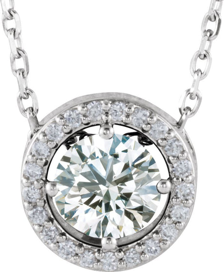 14K Gold Round Natural White Sapphire Halo-Style Necklace or Pendant - White Gold