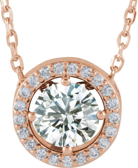 14K Gold Round Natural White Sapphire Halo-Style Necklace or Pendant - Rose Gold