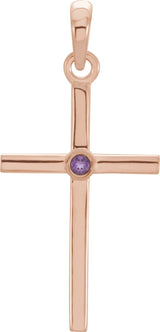 14K Gold Round Natural Amethyst Cross Pendant - Rose Gold