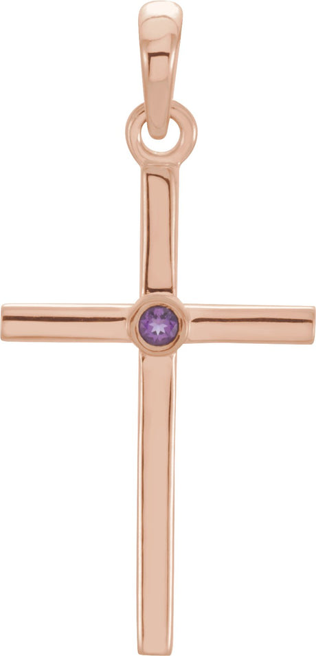 14K Gold Round Natural Amethyst Cross Pendant - Rose Gold