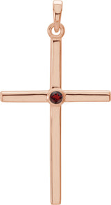 14K Gold Round Natural Mozambique Garnet Cross Pendant - Rose Gold