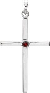 14K Gold Round Natural Mozambique Garnet Cross Pendant - White Gold