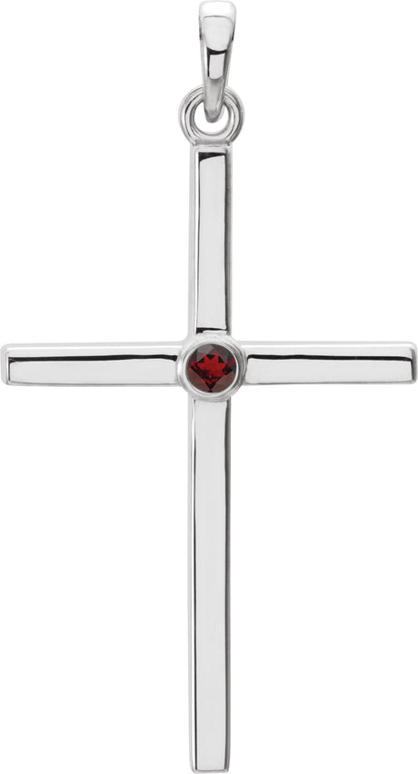 14K Gold Round Natural Mozambique Garnet Cross Pendant - White Gold