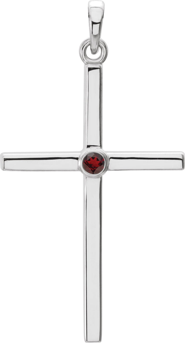 14K Gold Round Natural Mozambique Garnet Cross Pendant - White Gold