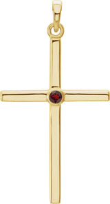 14K Gold Round Natural Mozambique Garnet Cross Pendant - Yellow Gold