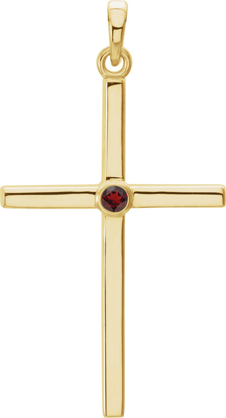 14K Gold Round Natural Mozambique Garnet Cross Pendant - Yellow Gold