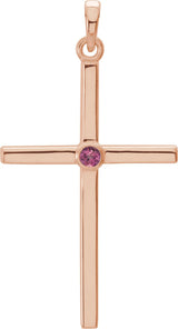 14K Gold Round Natural Pink Tourmaline Cross Pendant - Rose Gold