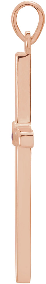 14K Gold Round Natural Pink Tourmaline Cross Pendant - Rose Gold - view 2