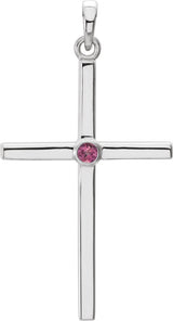 14K Gold Round Natural Pink Tourmaline Cross Pendant - White Gold