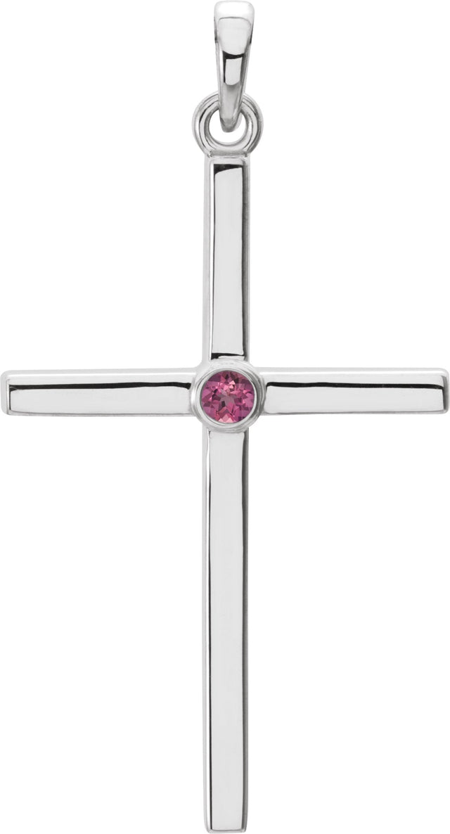 14K Gold Round Natural Pink Tourmaline Cross Pendant - White Gold