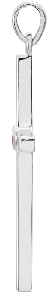 14K Gold Round Natural Pink Tourmaline Cross Pendant - White Gold - view 2