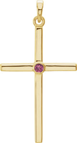 14K Gold Round Natural Pink Tourmaline Cross Pendant - Yellow Gold