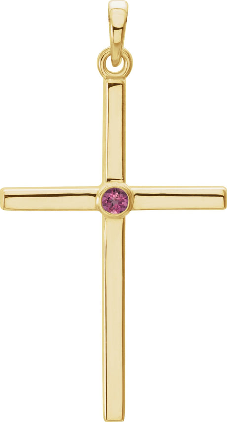 14K Gold Round Natural Pink Tourmaline Cross Pendant - Yellow Gold