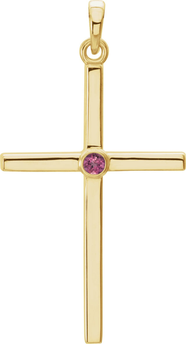 14K Gold Round Natural Pink Tourmaline Cross Pendant - Yellow Gold