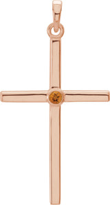 14K Gold Round Natural Citrine Cross Pendant - Rose Gold
