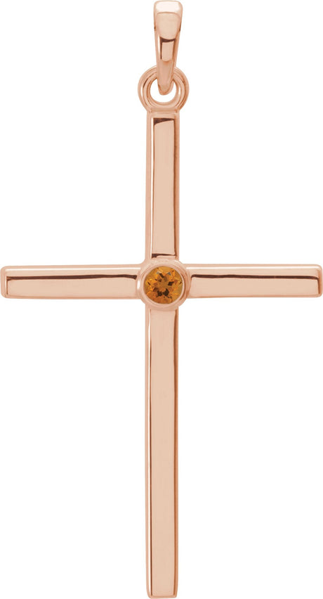 14K Gold Round Natural Citrine Cross Pendant - Rose Gold