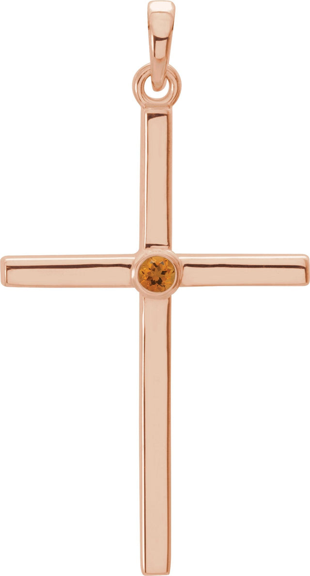 14K Gold Round Natural Citrine Cross Pendant - Rose Gold